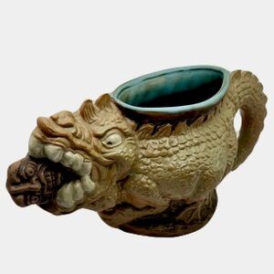 1973 11” Whimsical Jim Rumph Pottery Dragon Eating Troll Mug Sculpture Rare VTG